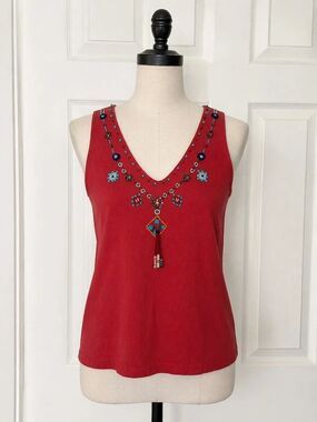 Y2K Beaded Tank Top Orange Red Turquoise Boho Southwestern Together Small